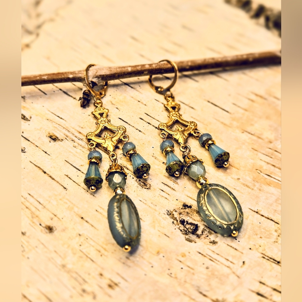Victorian Aqua Blue Glass In Gold Plated Chandelier Art Deco Earrings - Picture 4 of 8